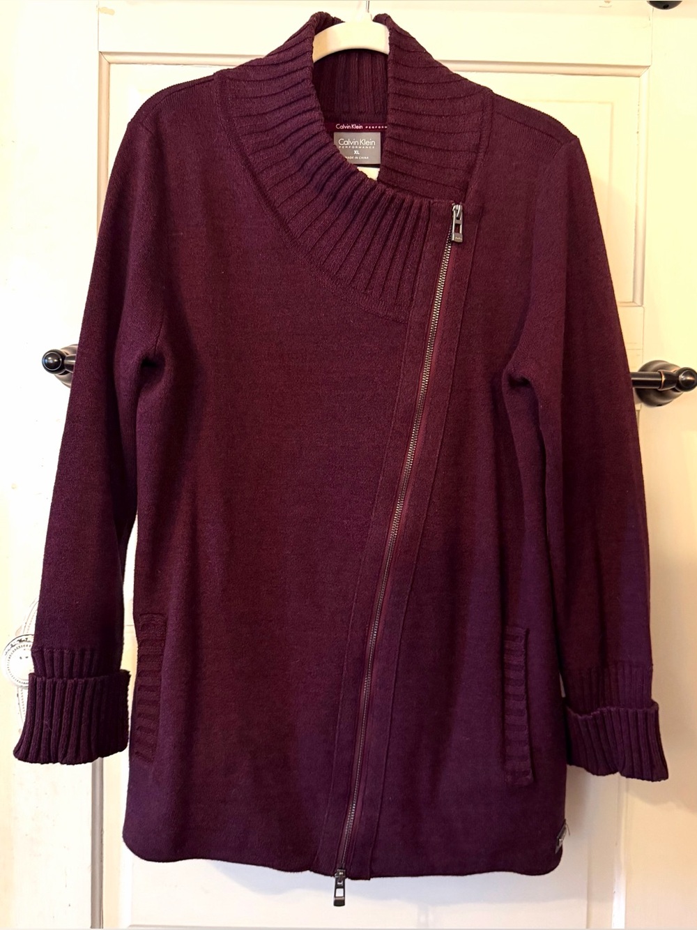 Calvin Klein Women's Asymmetrical Zip Cardigan - Plum